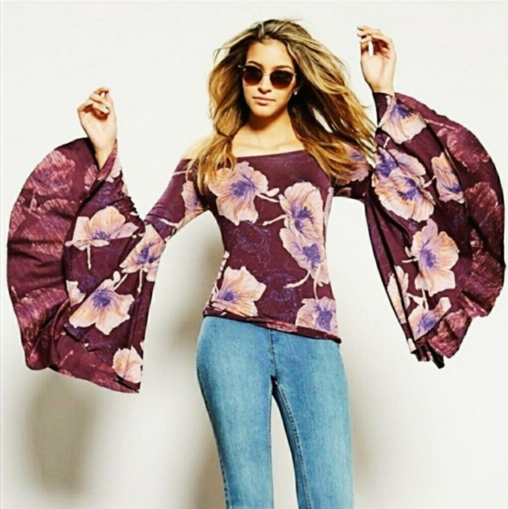 Free People Birds Of Paradise Large Blouse Whimsigoth Gothic Boho Floral Purple - Picture 11 of 11